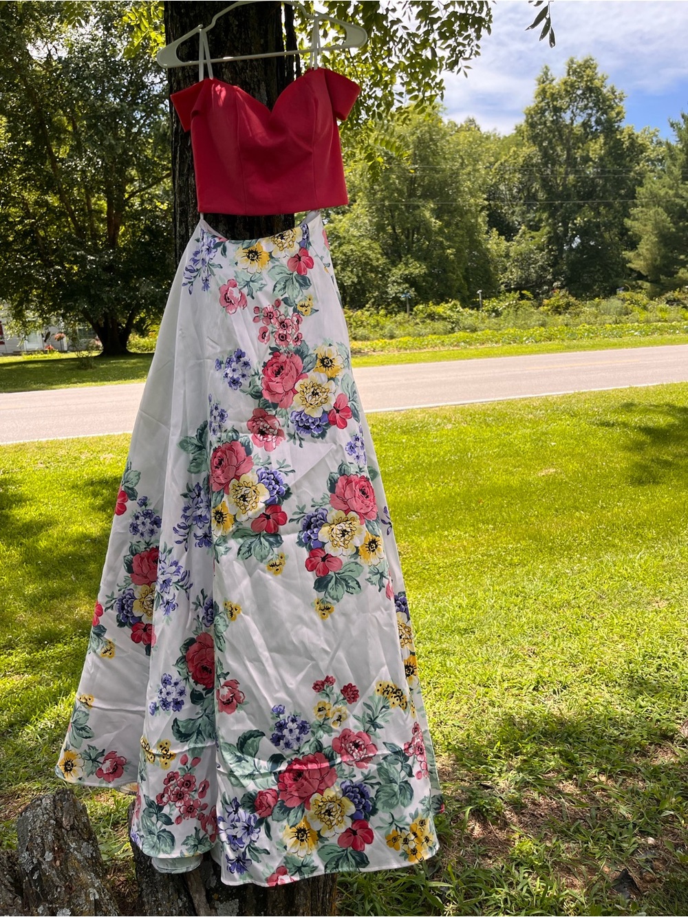 B Darlin Two-Piece Prom Dress in Red Top and Floral White Skirt